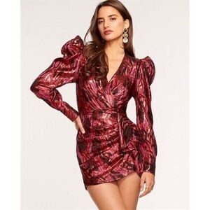 Ramy Brook Annie Red Jacquard
Faux Wrap Puff Long Sleeve
Cocktail Mini Dress- 6
